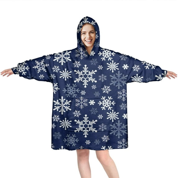 Wearable Oversized Blanket,Dark Blue Christmas Snowflake Pattern Wearable Blanket Hoodie for Adults,Cozy Hooded Blankets with Super Pockets,Super Warm Fuzzy Pullover for Women & Men