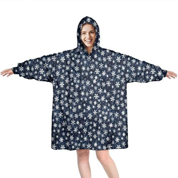 Wearable Oversized Blanket,Dark Blue Christmas Snowflake Pattern Wearable Blanket Hoodie for Adults,Cozy Hooded Blankets with Super Pockets,Super Warm Fuzzy Pullover for Women & Men