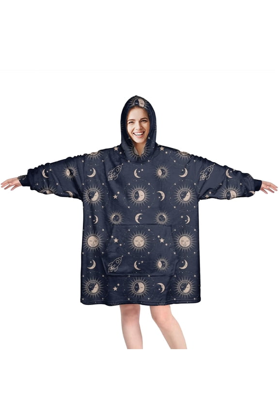 Wearable Oversized Blanket,Dark Blue Sun Moon Rocket Pattern Wearable Blanket Hoodie for Adults,Cozy Hooded Blankets with Super Pockets,Super Warm Fuzzy Pullover for Women & Men
