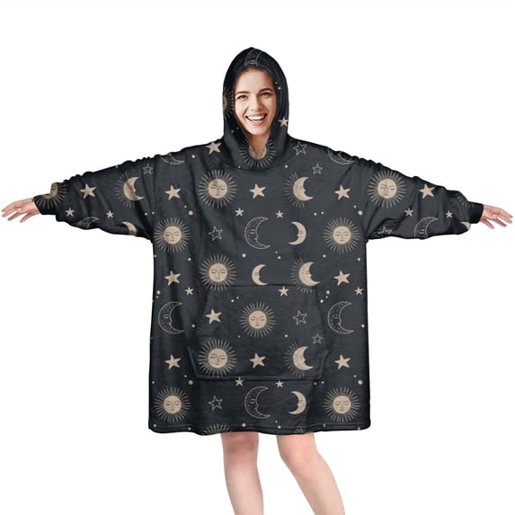 Wearable Oversized Blanket,Dark Blue Sun Moon Star Pattern Wearable Blanket Hoodie for Adults,Cozy Hooded Blankets with Super Pockets,Super Warm Fuzzy Pullover for Women & Men