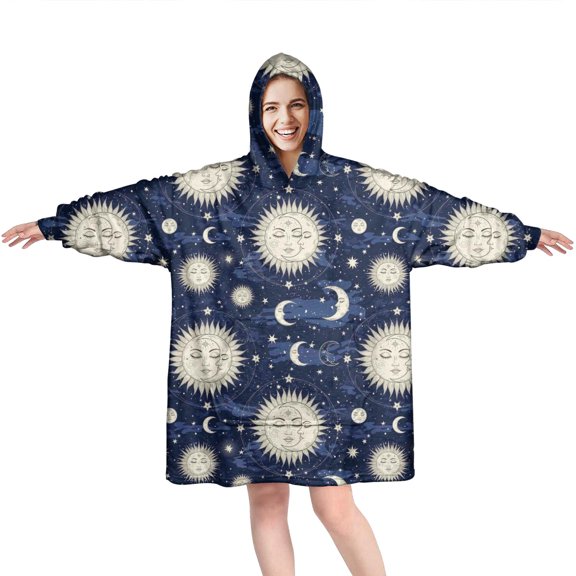 Wearable Oversized Blanket,Dark Blue Sun Moon Star Pattern Wearable Blanket Hoodie for Adults,Cozy Hooded Blankets with Super Pockets,Super Warm Fuzzy Pullover for Women & Men