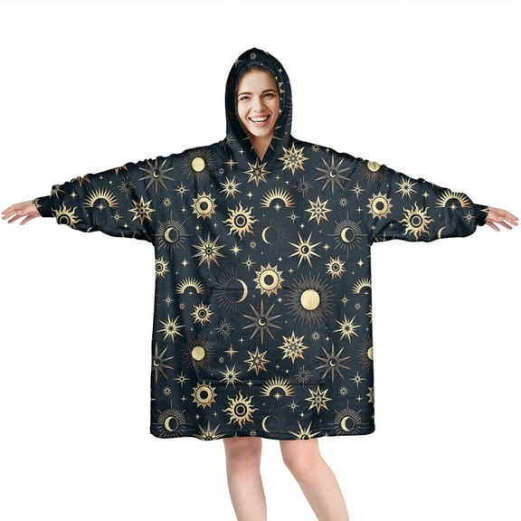 Wearable Oversized Blanket,Dark Blue Sun Moon Star Pattern Wearable Blanket Hoodie for Adults,Cozy Hooded Blankets with Super Pockets,Super Warm Fuzzy Pullover for Women & Men