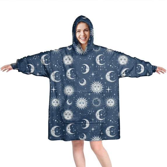 Wearable Oversized Blanket,Dark Blue Sun Moon Star Pattern Wearable Blanket Hoodie for Adults,Cozy Hooded Blankets with Super Pockets,Super Warm Fuzzy Pullover for Women & Men
