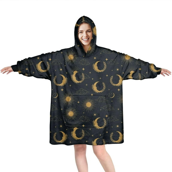 Wearable Oversized Blanket,Dark Blue Sun Moon Wreath Pattern Wearable Blanket Hoodie for Adults,Cozy Hooded Blankets with Super Pockets,Super Warm Fuzzy Pullover for Women & Men