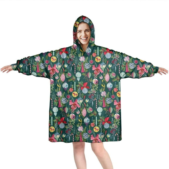 Wearable Oversized Blanket,Dark Green Christmas Ornament Pattern Wearable Blanket Hoodie for Adults,Cozy Hooded Blankets with Super Pockets,Super Warm Fuzzy Pullover for Women & Men