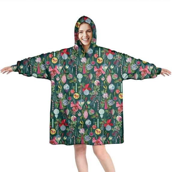Wearable Oversized Blanket,Dark Green Christmas Ornament Pattern Wearable Blanket Hoodie for Adults,Cozy Hooded Blankets with Super Pockets,Super Warm Fuzzy Pullover for Women & Men