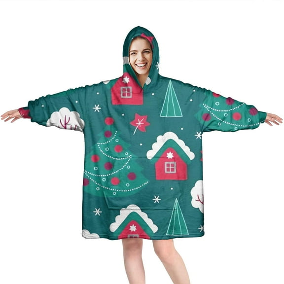 Wearable Oversized Blanket,Dark Green Christmas Tree and House Pattern Wearable Blanket Hoodie for Adults,Cozy Hooded Blankets with Super Pockets,Super Warm Fuzzy Pullover for Women & Men