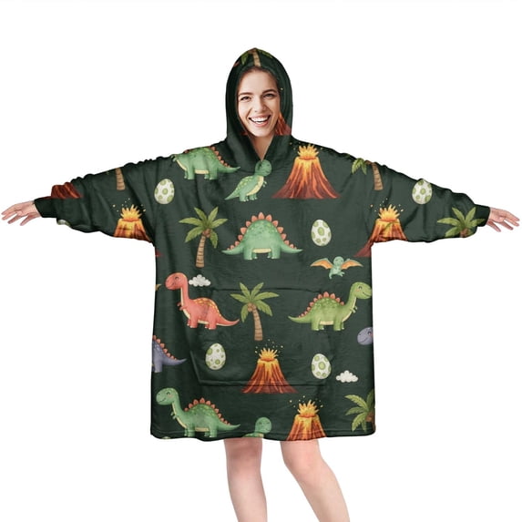 Wearable Oversized Blanket,Dark Green Toned Dinosaur and Volcano Pattern Wearable Blanket Hoodie for Adults,Cozy Hooded Blankets with Super Pockets,Super Warm Fuzzy Pullover for Women & Men