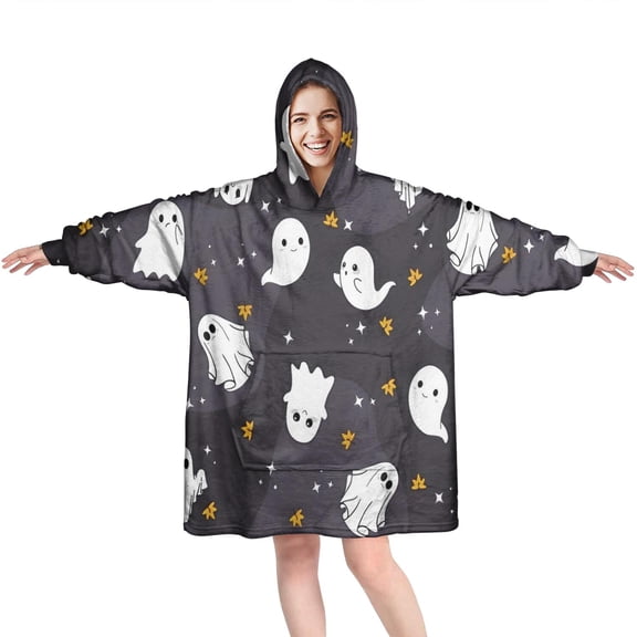 Wearable Oversized Blanket,Dark Halloween Ghosts with Stars Wearable Blanket Hoodie for Adults,Cozy Hooded Blankets with Super Pockets,Super Warm Fuzzy Pullover for Women & Men