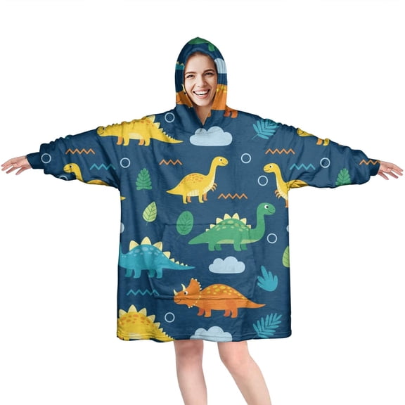 Wearable Oversized Blanket,DarkBlue Cartoon Dinosaurs Leaves Clouds Pattern Wearable Blanket Hoodie for Adults,Cozy Hooded Blankets with Super Pockets,Super Warm Fuzzy Pullover for Women & Men