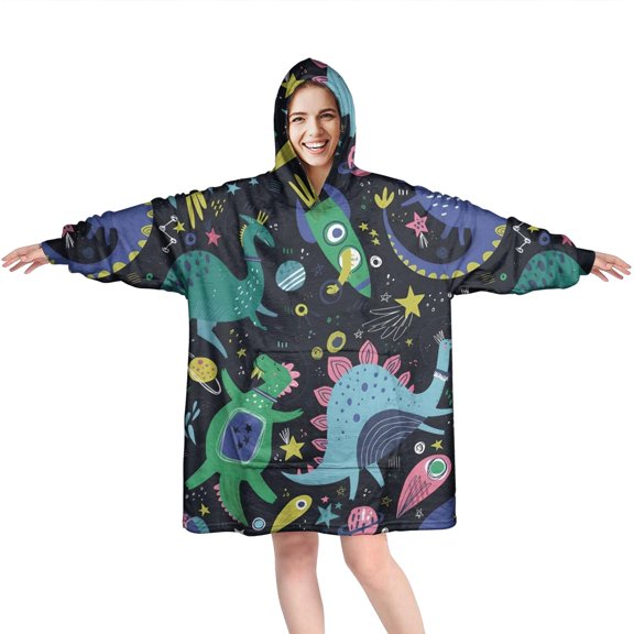 Wearable Oversized Blanket,DarkBlue Cartoon Dinosaurs Rockets Pattern Wearable Blanket Hoodie for Adults,Cozy Hooded Blankets with Super Pockets,Super Warm Fuzzy Pullover for Women & Men