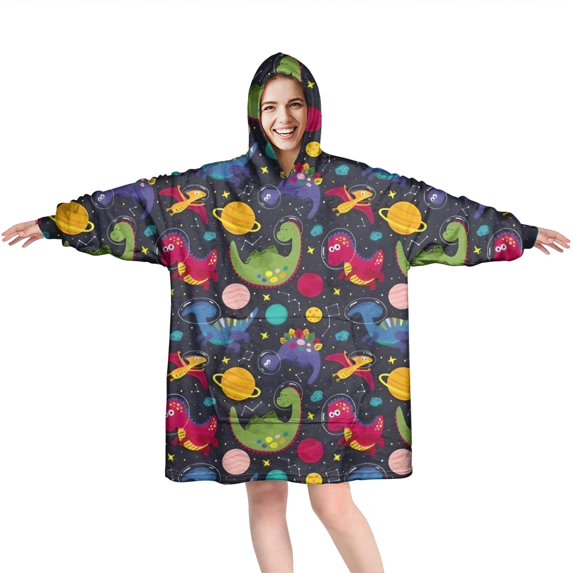 Wearable Oversized Blanket,DarkBlue Dinosaurs InSpace Pattern Wearable Blanket Hoodie for Adults,Cozy Hooded Blankets with Super Pockets,Super Warm Fuzzy Pullover for Women & Men