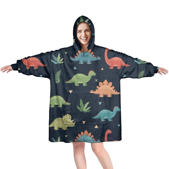 Wearable Oversized Blanket,DarkBlue Dinosaurs Leaves Pattern Wearable Blanket Hoodie for Adults,Cozy Hooded Blankets with Super Pockets,Super Warm Fuzzy Pullover for Women & Men