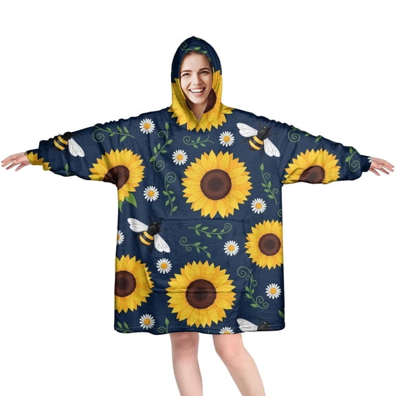 Wearable Oversized Blanket,DarkBlue Sunflower Bee Pattern Wearable Blanket Hoodie for Adults,Cozy Hooded Blankets with Super Pockets,Super Warm Fuzzy Pullover for Women & Men