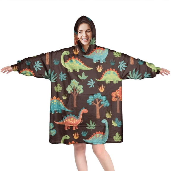 Wearable Oversized Blanket,DarkBrown Cartoon Dinosaurs Forest Pattern Wearable Blanket Hoodie for Adults,Cozy Hooded Blankets with Super Pockets,Super Warm Fuzzy Pullover for Women & Men