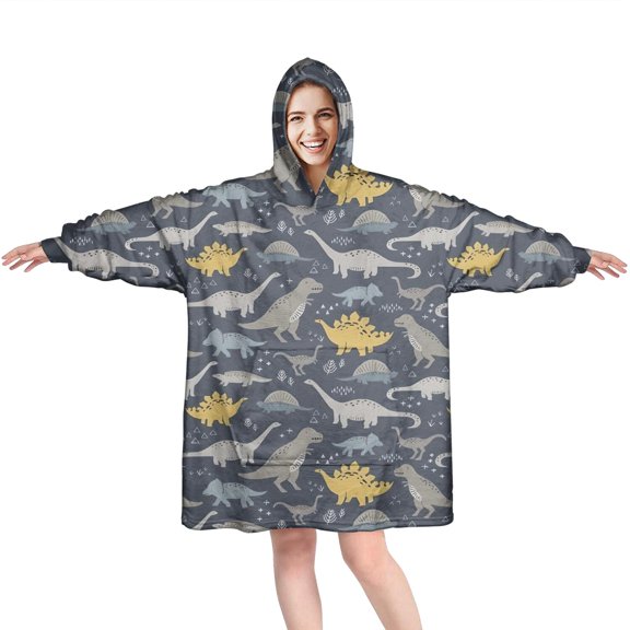 Wearable Oversized Blanket,DarkGray Cartoon Dinosaurs Pattern Wearable Blanket Hoodie for Adults,Cozy Hooded Blankets with Super Pockets,Super Warm Fuzzy Pullover for Women & Men