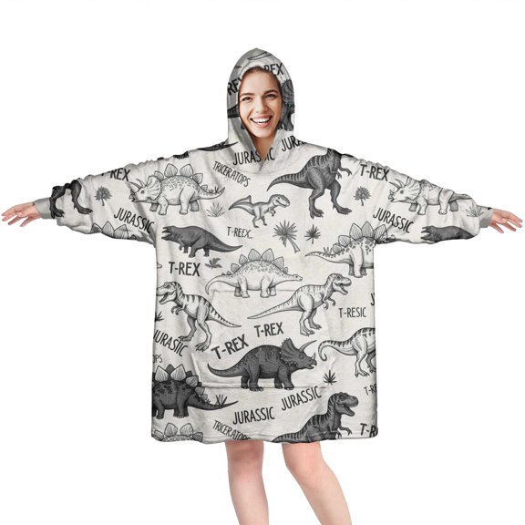 Wearable Oversized Blanket,Dinosaurs Jurassic Text Pattern Wearable Blanket Hoodie for Adults,Cozy Hooded Blankets with Super Pockets,Super Warm Fuzzy Pullover for Women & Men
