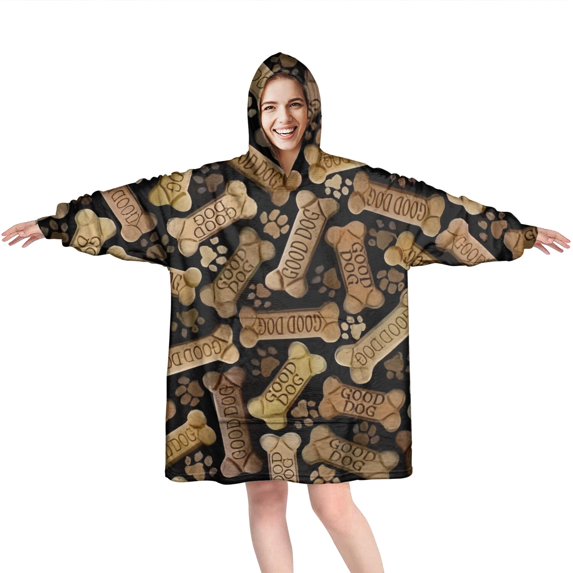 Wearable Oversized Blanket,Dog Bones and Dog Footprints Wearable Blanket Hoodie for Adults,Cozy Hooded Blankets with Super Pockets,Super Warm Fuzzy Pullover for Women & Men