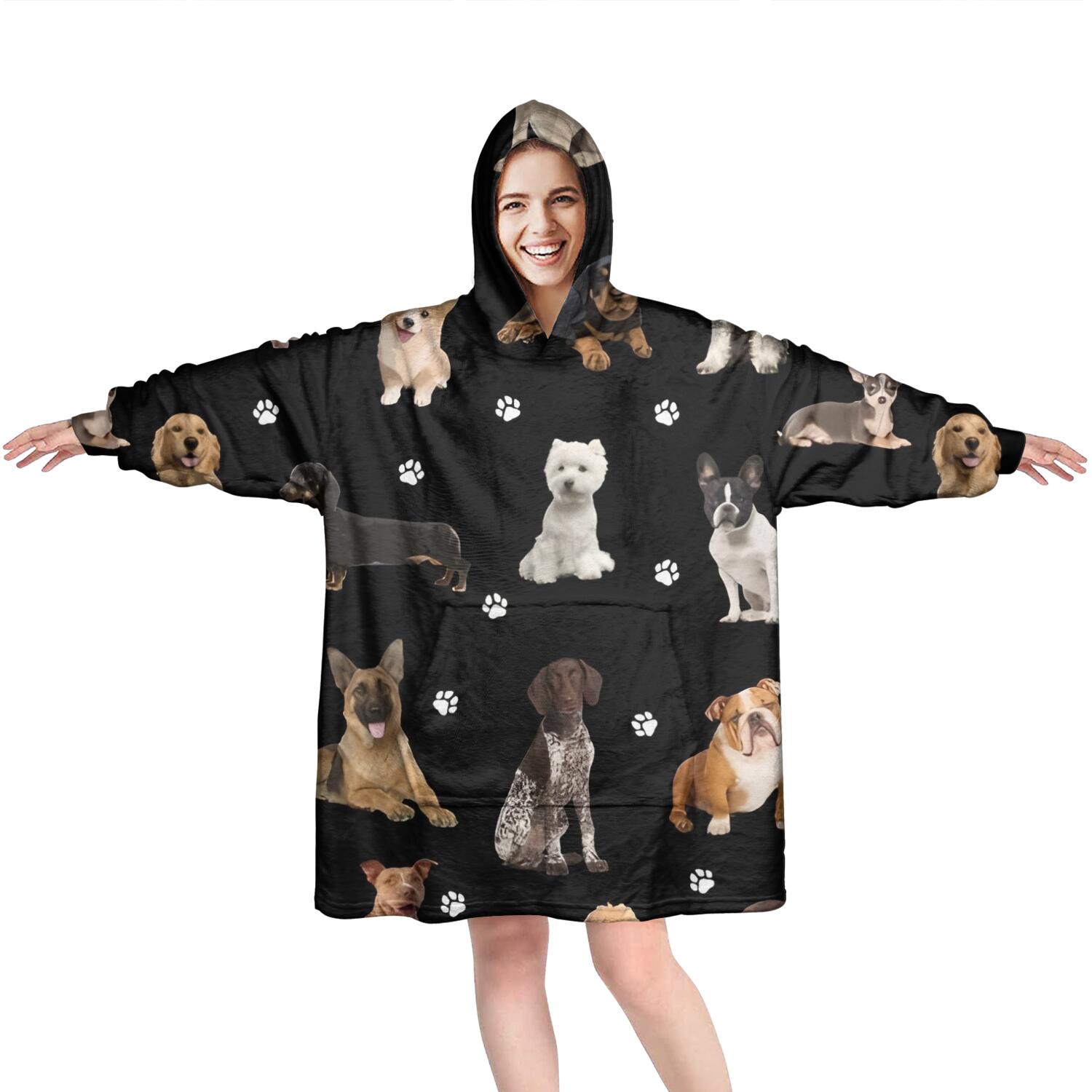 Wearable Oversized Blanket,Dog Breeds Wearable Blanket Hoodie for Adults,Cozy Hooded Blankets with Super Pockets,Super Warm Fuzzy Pullover for Women & Men