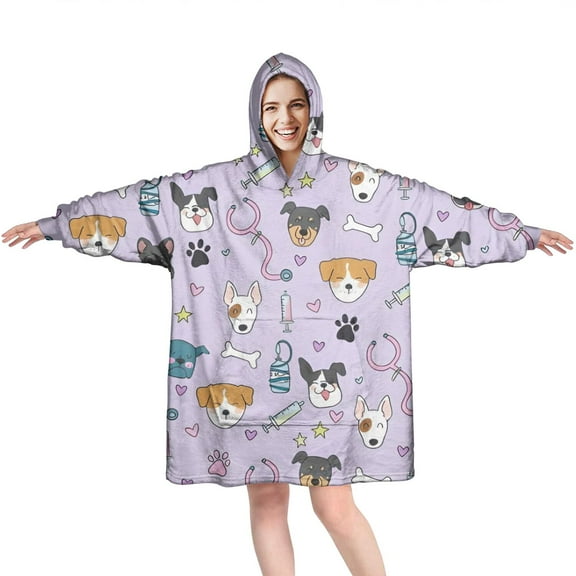 Wearable Oversized Blanket,Dog with Medical Icons Wearable Blanket Hoodie for Adults,Cozy Hooded Blankets with Super Pockets,Super Warm Fuzzy Pullover for Women & Men