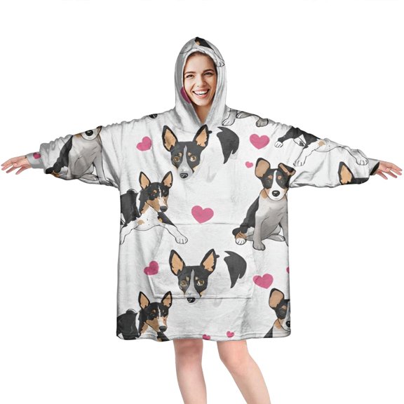 Wearable Oversized Blanket,Dog Pattern with Hearts Wearable Blanket Hoodie for Adults,Cozy Hooded Blankets with Super Pockets,Super Warm Fuzzy Pullover for Women & Men