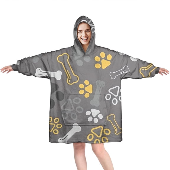 Wearable Oversized Blanket,Dog Paw and Bone Wearable Blanket Hoodie for Adults,Cozy Hooded Blankets with Super Pockets,Super Warm Fuzzy Pullover for Women & Men