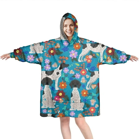 Wearable Oversized Blanket,Dog with Pioneer Flower Wearable Blanket Hoodie for Adults,Cozy Hooded Blankets with Super Pockets,Super Warm Fuzzy Pullover for Women & Men