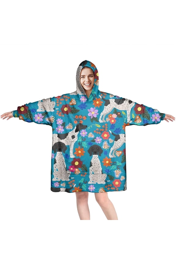 Wearable Oversized Blanket,Dog with Pioneer Flower Wearable Blanket Hoodie for Adults,Cozy Hooded Blankets with Super Pockets,Super Warm Fuzzy Pullover for Women & Men