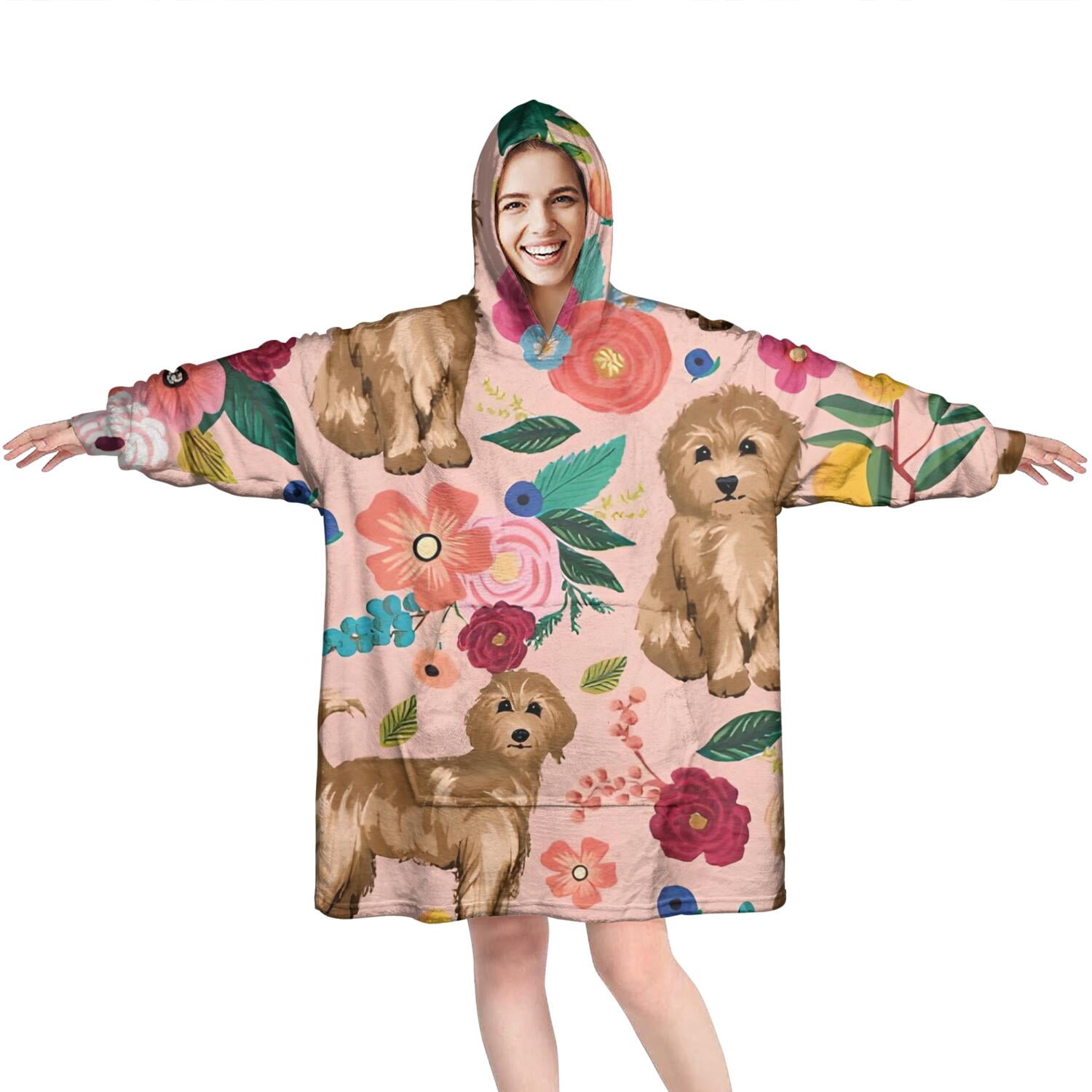 Wearable Oversized Blanket,Dogs with Flowers Wearable Blanket Hoodie for Adults,Cozy Hooded Blankets with Super Pockets,Super Warm Fuzzy Pullover for Women & Men