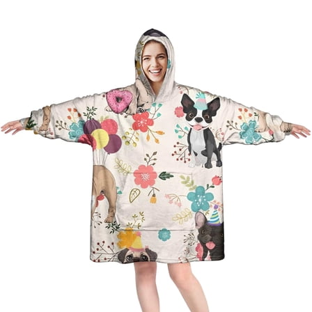 Wearable Oversized Blanket,Dogs with Party Hats and Flowers Wearable Blanket Hoodie for Adults,Cozy Hooded Blankets with Super Pockets,Super Warm Fuzzy Pullover for Women & Men