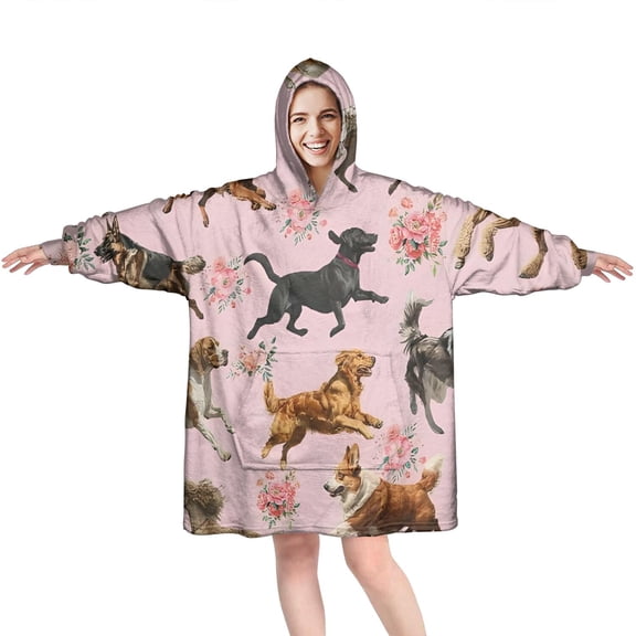 Wearable Oversized Blanket,Dogs with Pioneer Flower Wearable Blanket Hoodie for Adults,Cozy Hooded Blankets with Super Pockets,Super Warm Fuzzy Pullover for Women & Men