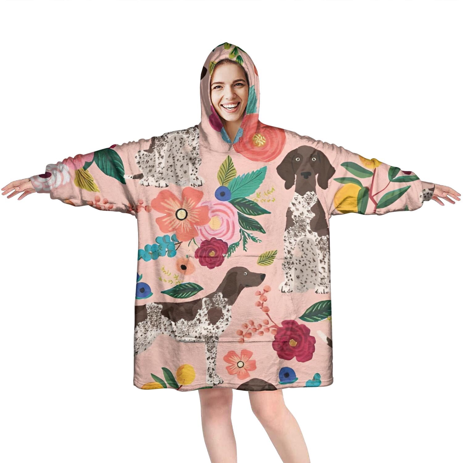 Wearable Oversized Blanket,Dogs with Pioneer Flower Wearable Blanket Hoodie for Adults,Cozy Hooded Blankets with Super Pockets,Super Warm Fuzzy Pullover for Women & Men