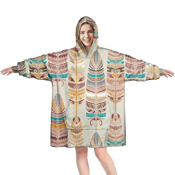 Wearable Oversized Blanket,Ethnic - Style Colorful Feather Pattern Wearable Blanket Hoodie for Adults,Cozy Hooded Blankets with Super Pockets,Super Warm Fuzzy Pullover for Women & Men