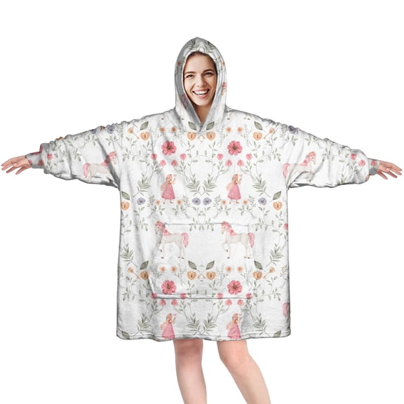 Wearable Oversized Blanket,Floral Princess Unicorn Pattern Wearable Blanket Hoodie for Adults,Cozy Hooded Blankets with Super Pockets,Super Warm Fuzzy Pullover for Women & Men