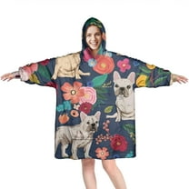 Wearable Oversized Blanket,French Bulldog Dog and Pioneer Flower Wearable Blanket Hoodie for Adults,Cozy Hooded Blankets with Super Pockets,Super Warm Fuzzy Pullover for Women & Men