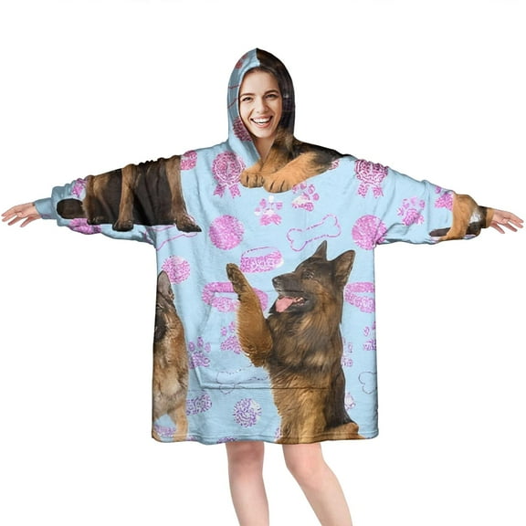 Wearable Oversized Blanket,German Shepherd Wearable Blanket Hoodie for Adults,Cozy Hooded Blankets with Super Pockets,Super Warm Fuzzy Pullover for Women & Men