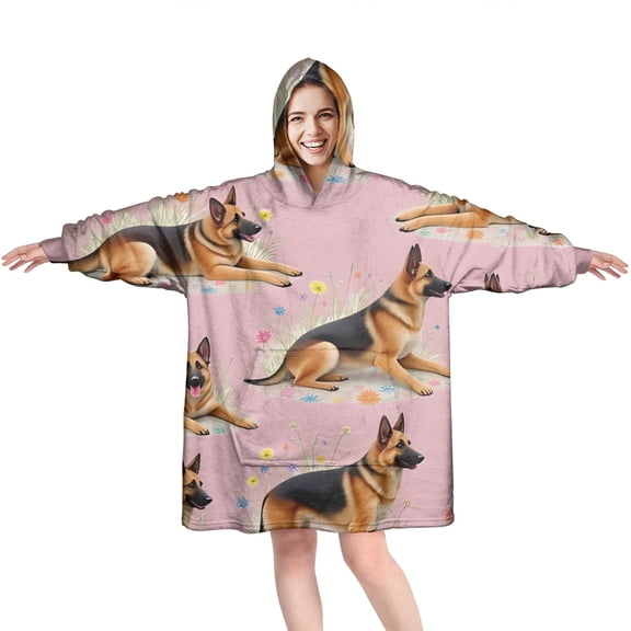 Wearable Oversized Blanket,German Shepherd Wearable Blanket Hoodie for Adults,Cozy Hooded Blankets with Super Pockets,Super Warm Fuzzy Pullover for Women & Men