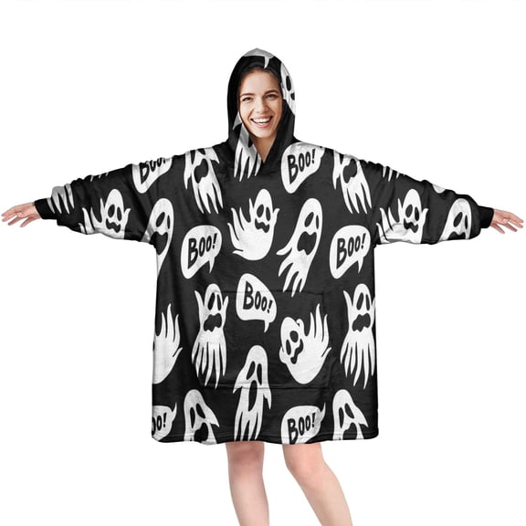 Wearable Oversized Blanket,Ghost Boo Halloween Pattern Wearable Blanket Hoodie for Adults,Cozy Hooded Blankets with Super Pockets,Super Warm Fuzzy Pullover for Women & Men