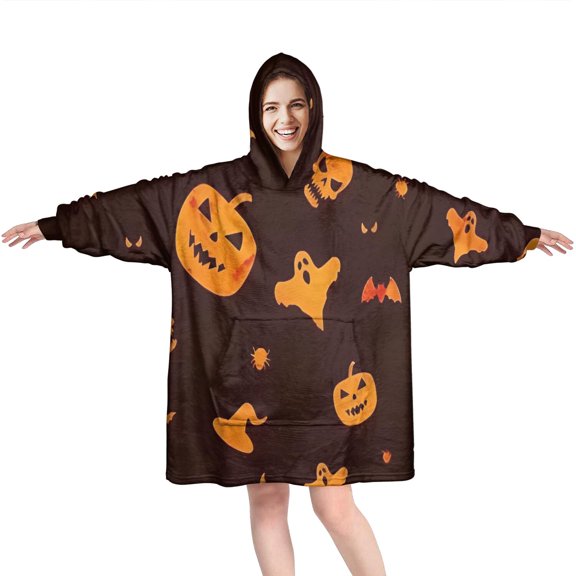 Wearable Oversized Blanket,Glowing Halloween Icons Pattern Wearable Blanket Hoodie for Adults,Cozy Hooded Blankets with Super Pockets,Super Warm Fuzzy Pullover for Women & Men