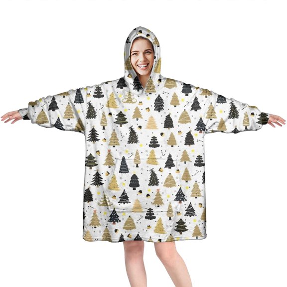 Wearable Oversized Blanket,Gold Christmas Tree Pattern Wearable Blanket Hoodie for Adults,Cozy Hooded Blankets with Super Pockets,Super Warm Fuzzy Pullover for Women & Men