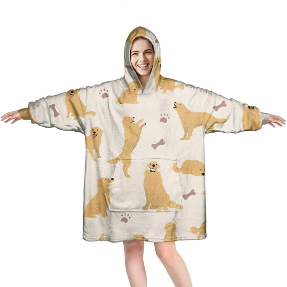 Wearable Oversized Blanket,Golden Retriever with Bones and Paws Wearable Blanket Hoodie for Adults,Cozy Hooded Blankets with Super Pockets,Super Warm Fuzzy Pullover for Women & Men