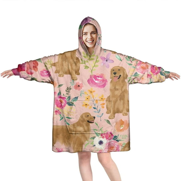 Wearable Oversized Blanket,Golden Retriever with Flowers Wearable Blanket Hoodie for Adults,Cozy Hooded Blankets with Super Pockets,Super Warm Fuzzy Pullover for Women & Men