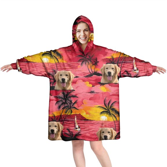 Wearable Oversized Blanket,Golden Retriever Hawaiian Wearable Blanket Hoodie for Adults,Cozy Hooded Blankets with Super Pockets,Super Warm Fuzzy Pullover for Women & Men