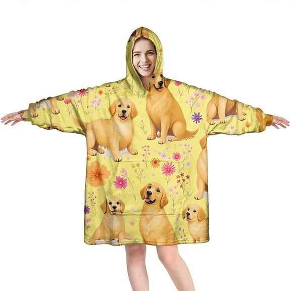 Wearable Oversized Blanket,Golden Retrievers and Pioneer Flower Wearable Blanket Hoodie for Adults,Cozy Hooded Blankets with Super Pockets,Super Warm Fuzzy Pullover for Women & Men