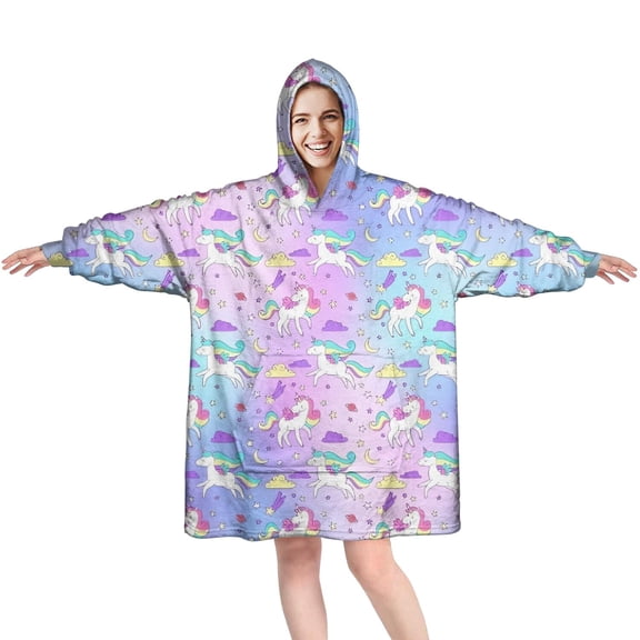 Wearable Oversized Blanket,Gradient Unicorn Pattern Wearable Blanket Hoodie for Adults,Cozy Hooded Blankets with Super Pockets,Super Warm Fuzzy Pullover for Women & Men
