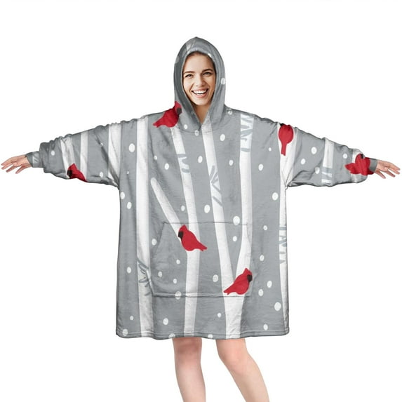 Wearable Oversized Blanket,Gray Christmas Cardinal Bird Pattern Wearable Blanket Hoodie for Adults,Cozy Hooded Blankets with Super Pockets,Super Warm Fuzzy Pullover for Women & Men