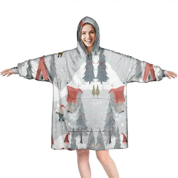 Wearable Oversized Blanket,Gray Christmas Gnome Village Pattern Wearable Blanket Hoodie for Adults,Cozy Hooded Blankets with Super Pockets,Super Warm Fuzzy Pullover for Women & Men