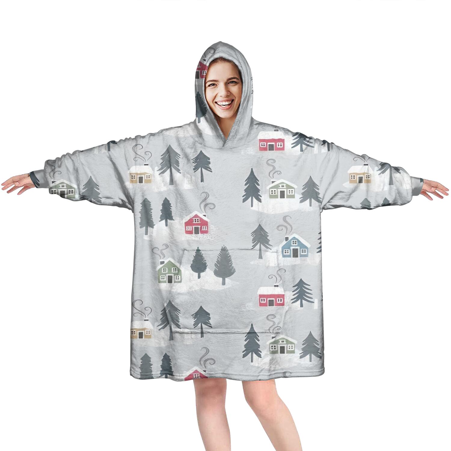 Wearable Oversized Blanket,Gray Christmas House and Tree Pattern Wearable Blanket Hoodie for Adults,Cozy Hooded Blankets with Super Pockets,Super Warm Fuzzy Pullover for Women & Men