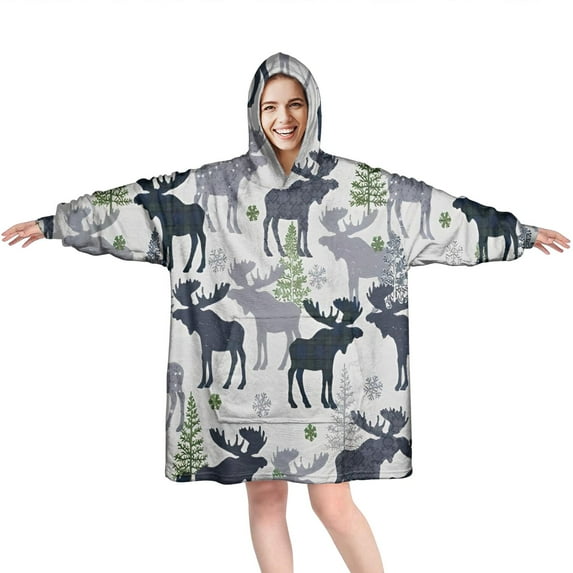 Wearable Oversized Blanket,Gray Christmas Moose and Tree Pattern Wearable Blanket Hoodie for Adults,Cozy Hooded Blankets with Super Pockets,Super Warm Fuzzy Pullover for Women & Men