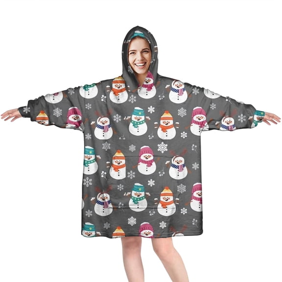 Wearable Oversized Blanket,Gray Christmas Snowman Pattern Wearable Blanket Hoodie for Adults,Cozy Hooded Blankets with Super Pockets,Super Warm Fuzzy Pullover for Women & Men